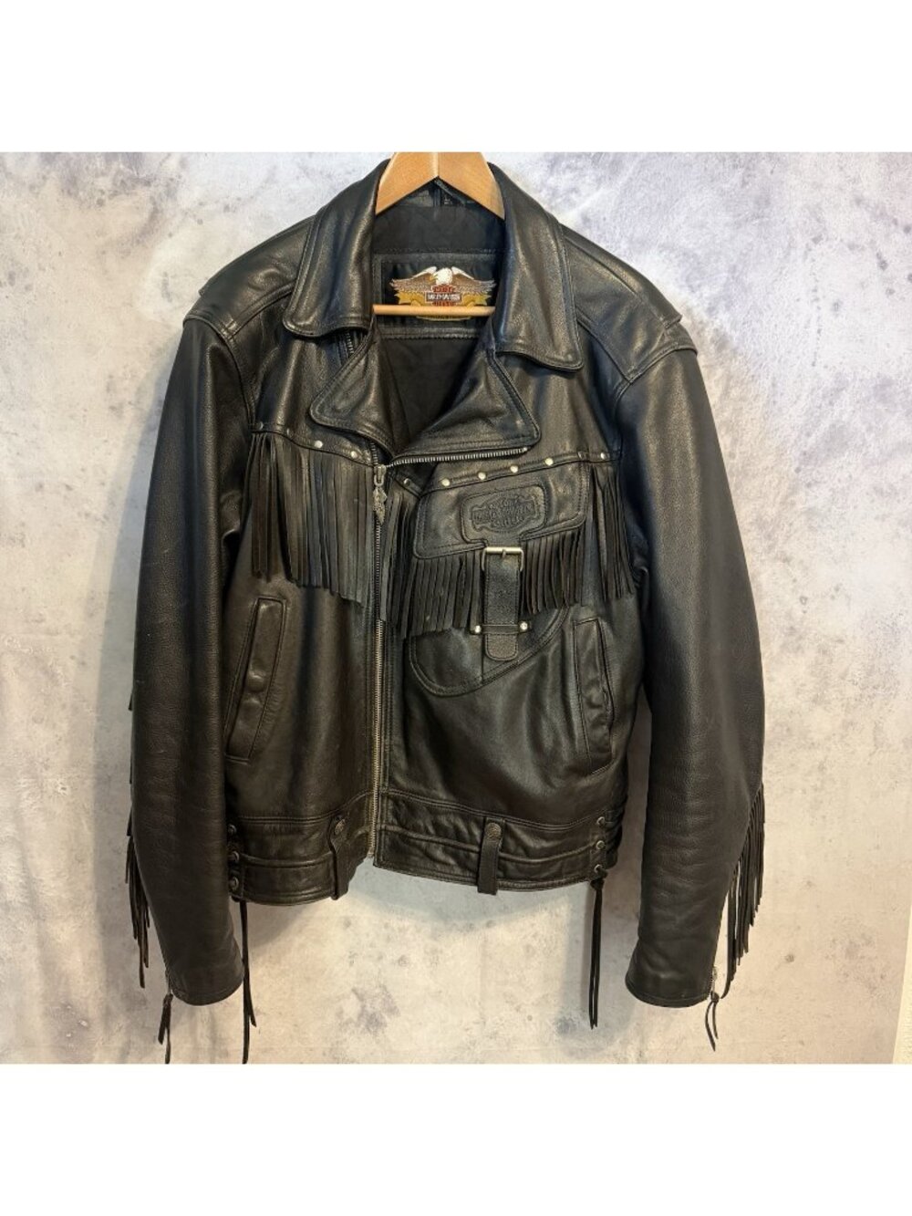 Vintage Harley Davidson Leather Jacket Black Fringe Biker Mens Large READ!!